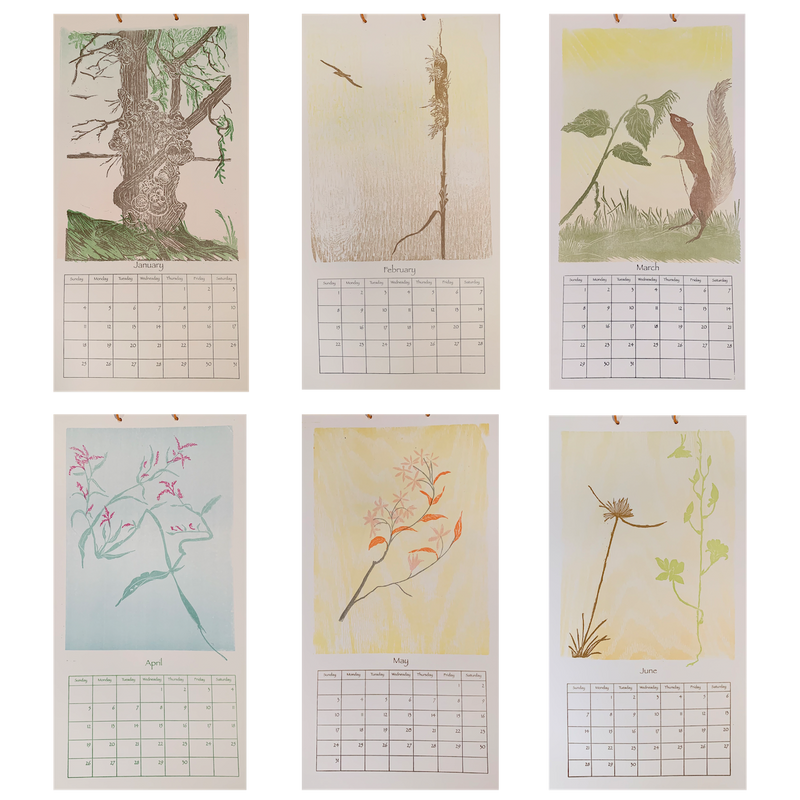 Set of six vertical calendar pages with nature-themed illustrations on a white background.