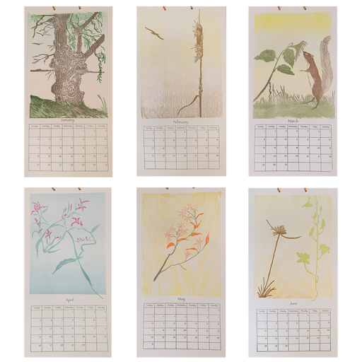 Set of six vertical calendar pages with nature-themed illustrations on a white background.