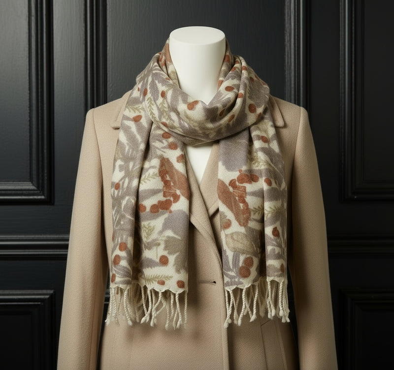 Draped scarf with leaf pattern on a mannequin with a beige coat and dark background