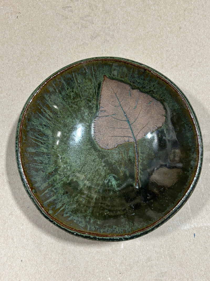 top view green glaze ceramic bowl with embossed cottonwood leaf inside 