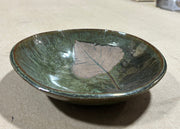 green glaze ceramic bowl with embossed cottonwood leaf inside 