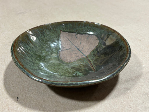 green glaze ceramic bowl with embossed cottonwood leaf inside 