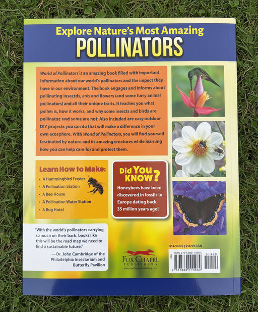 Back cover of a book titled 'Explore Nature's Most Amazing Pollinators' with colorful graphics and text.