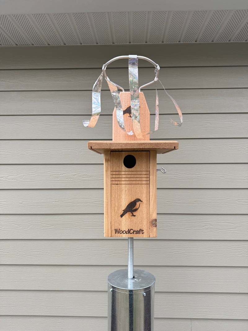 Sparrow Chaser installed on a wooden bluebird box mounted on a metal pole with predator guard