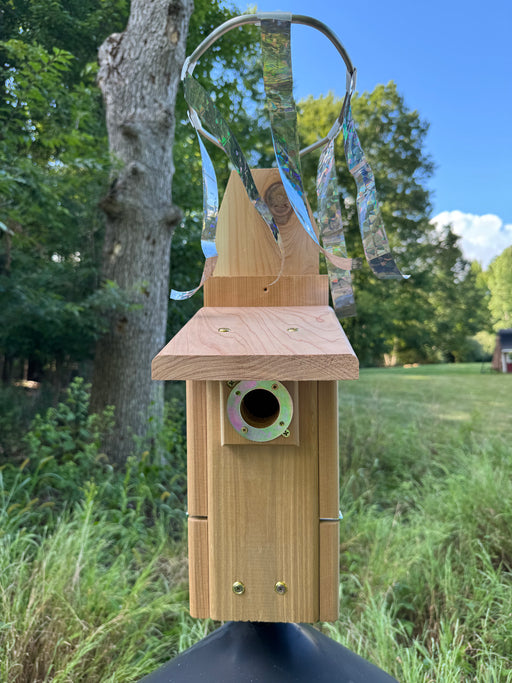 Front view of Sparrow Chaser installed on an Ultimate Bluebird House