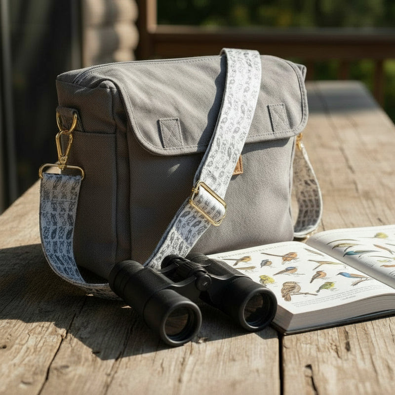 Gray shoulder bag with patterned strap on a wooden surface next to binoculars and a bird identification book.