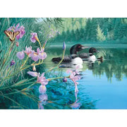 Two loons swimming in a lake with flowers and a butterfly.
