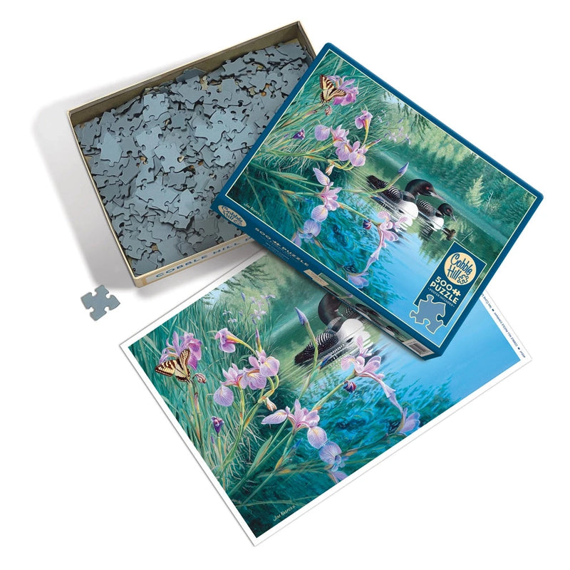 Jigsaw puzzle with loons and floral design, partially completed, on a white background.