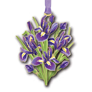 Decorative ornament with purple iris flower bouquet on a white background