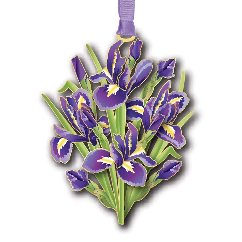 Decorative ornament with purple iris flower bouquet on a white background