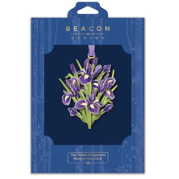 Iris Bouquet ornament displayed in Beacon Design packaging on a blue background