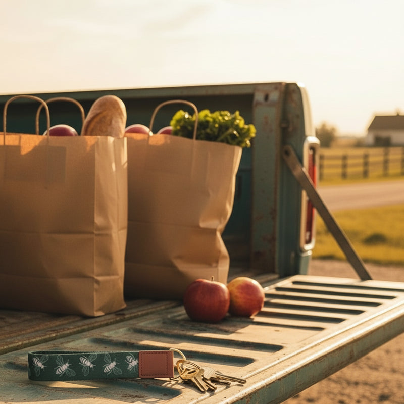 Keychain with bee pattern on a light green strap placed on a tailgate with bagged groceries