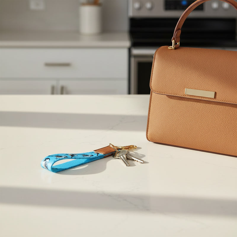 Keychain with bird pattern on a blue strap against a white kitchen counter with a purse in the background