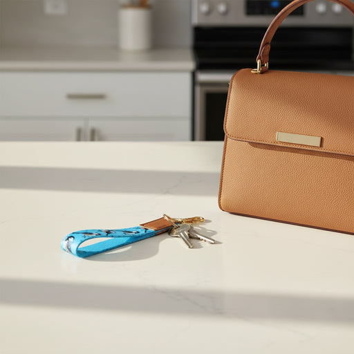 Keychain with bird pattern on a blue strap against a white kitchen counter with a purse in the background