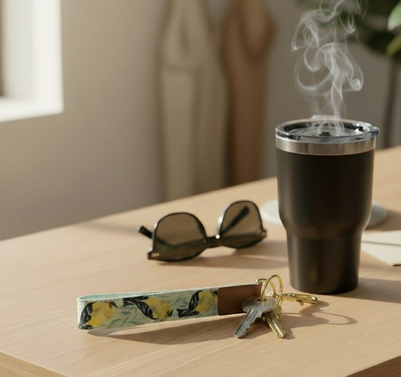 Keychain with goldfinch pattern on a white background