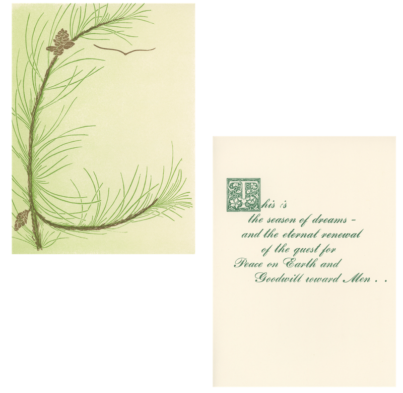 large Christmas card with pretty Norway pine bough and bird silhouette on front and message inside