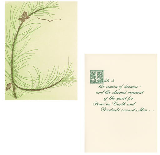 large Christmas card with pretty Norway pine bough and bird silhouette on front and message inside