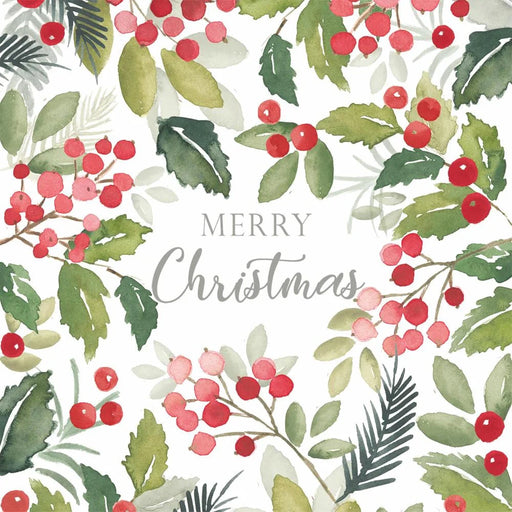 Merry Christmas text surrounded by holly leaves and berries on a white background