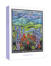Boxed Thank You cards with mountain and flower design on a white background