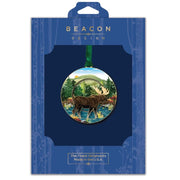 Moose design Christmas ornament in Beacon Design packaging on a blue background