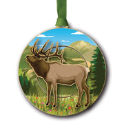 Round ornament featuring Mountain Elk image in natural setting