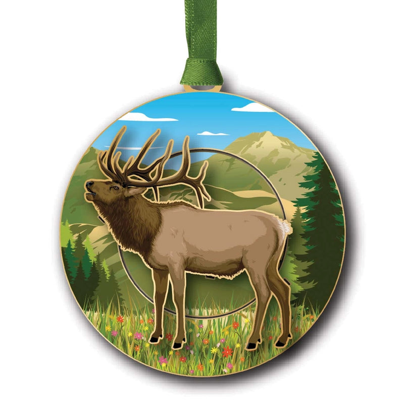 Round ornament featuring Mountain Elk image in natural setting