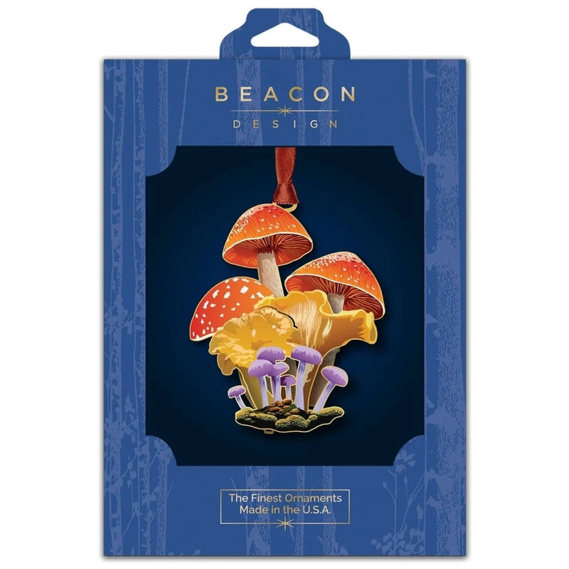 Mushroom ornament with Beacon Design branding on a blue background