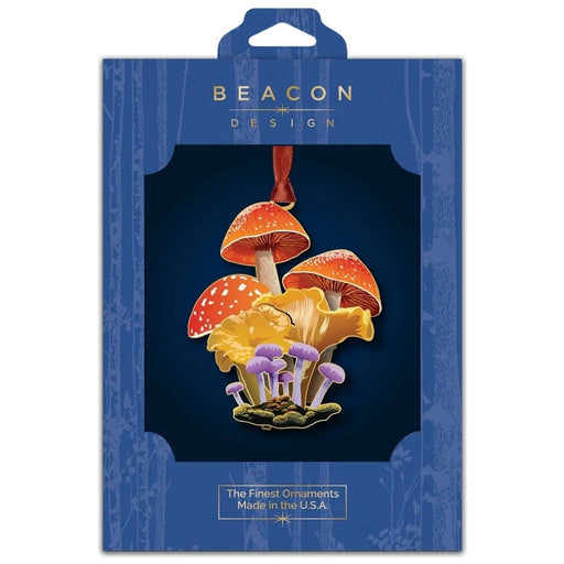 Mushroom ornament with Beacon Design branding on a blue background