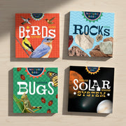 Four children's board book covers on a light background, featuring 'Birds', 'Rocks', 'Bugs', and 'Solar System' titles.