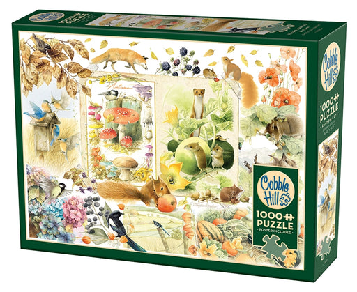 Cobble Hill puzzle box with autumn-themed illustration of animals and plants