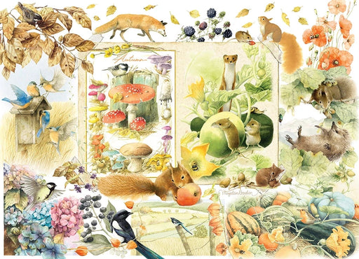 Painting of autumn animals and nature elements including fox, birds, and flowers on a white background.