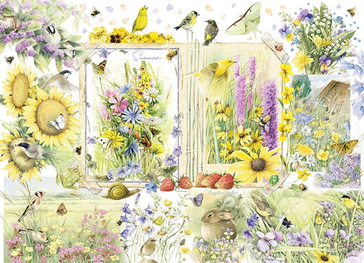 Colorful painting by artist Marjolein Bastin featuring a summer garden scene with flowers, birds, and butterflies.