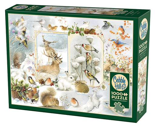 Cobble Hill puzzle box featuring winter wildlife illustrations on a white background
