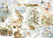 Illustration by Marjolein Bastin of winter animals and birds including  deer, rabbits, and various birds in a snowy setting.