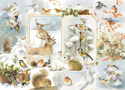 Illustration by Marjolein Bastin of winter animals and birds including  deer, rabbits, and various birds in a snowy setting.