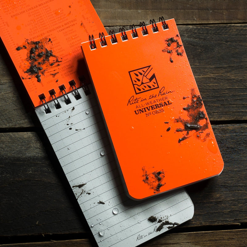 Orange notebooks with 'Rite in the Rain' logo covered in mud and splashed with water