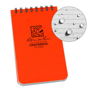 Orange notebook with 'Rite in the Rain' logo and text, showing water resistance on a white background.