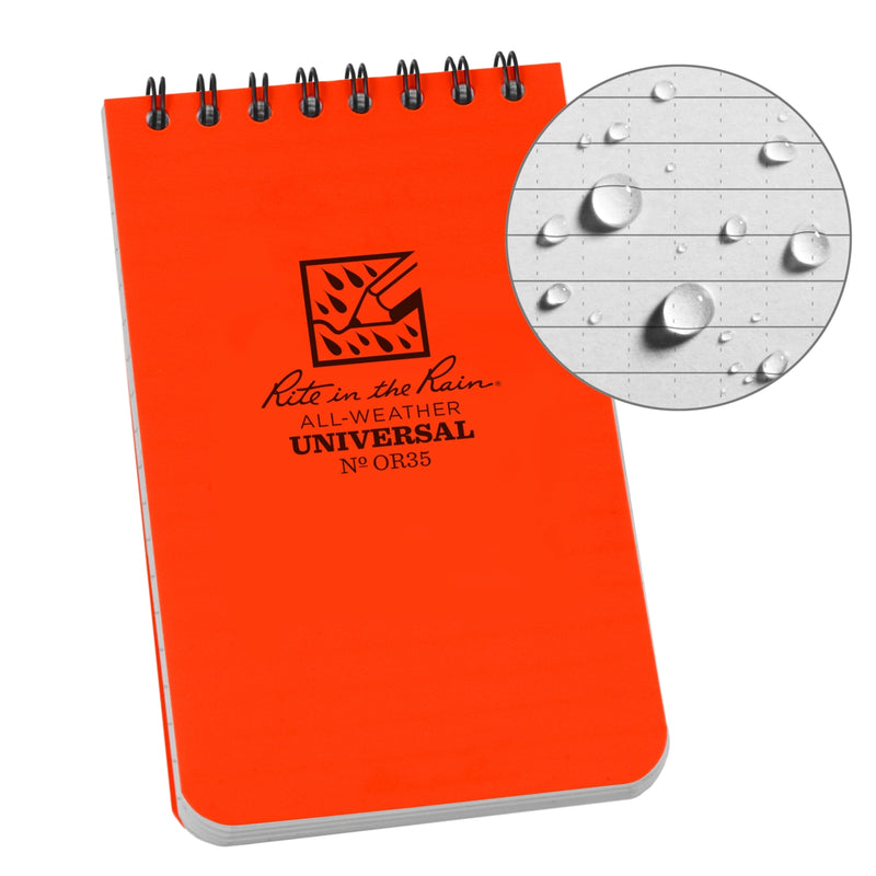 Orange notebook with 'Rite in the Rain' logo and text, showing water resistance on a white background.