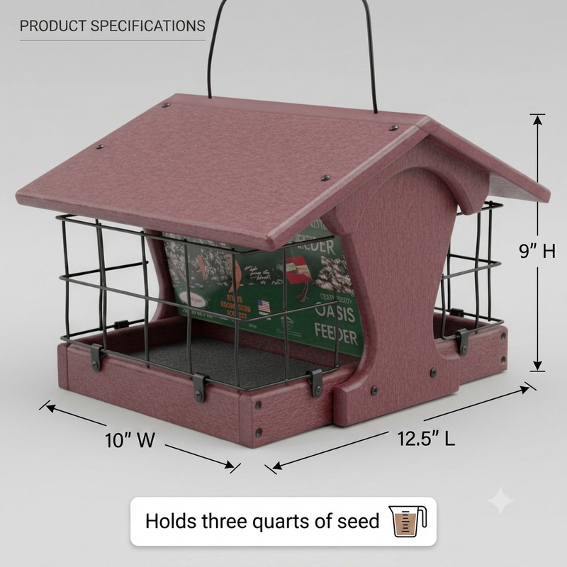 Oasis Bird feeder with dimensions and capacity details 