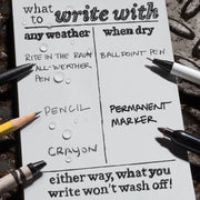Sheet of paper with text on writing tools and weather resistance, surrounded by pens and pencils.