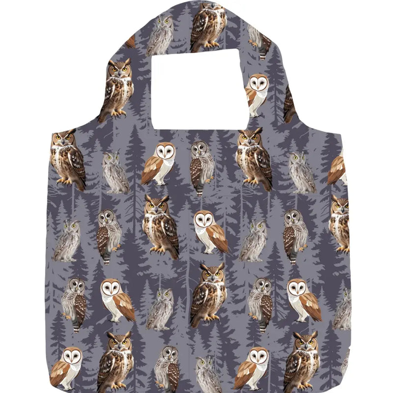 Reusable shopping bag with owl pattern on a gray background