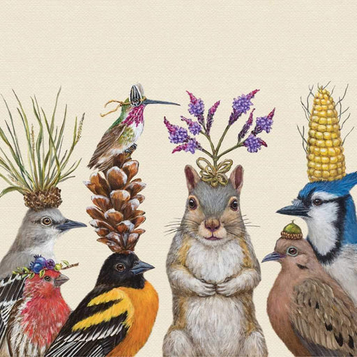 Illustration of various birds and a squirrel with natural made headgear  against a beige background.