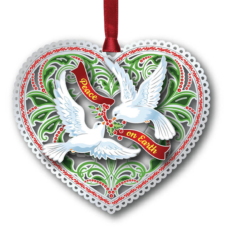 Heart-shaped ornament with two doves holding a banner Peace on Earth
