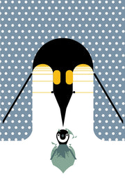Charley Harper Illustration of a penguin with a smaller penguin on a polka dot background