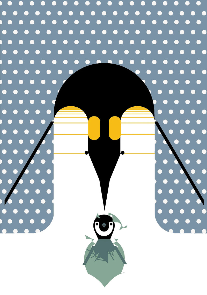 Charley Harper Illustration of a penguin with a smaller penguin on a polka dot background