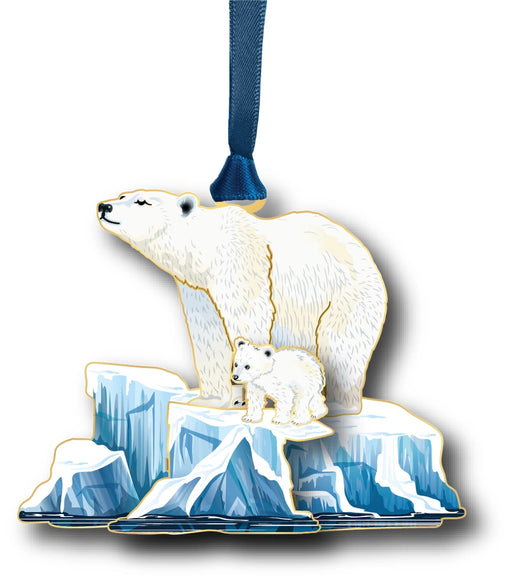 Polar bear and cub ornament on a white background