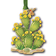 Decorative ornament of a prickly pear cactus with yellow flowers and a hummingbird on a white background