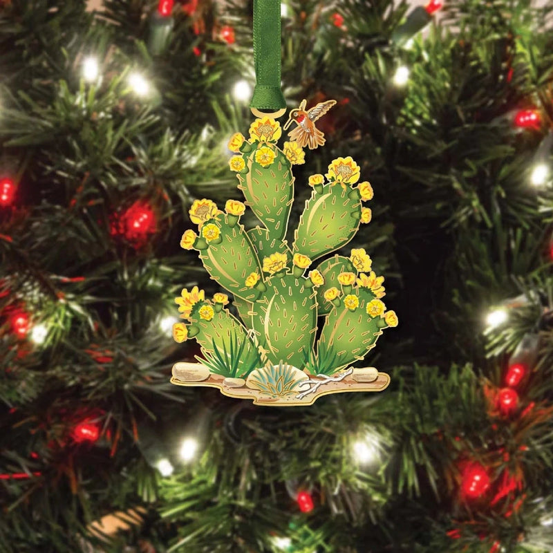 Decorative prickly pear cactus ornament on a Christmas tree.