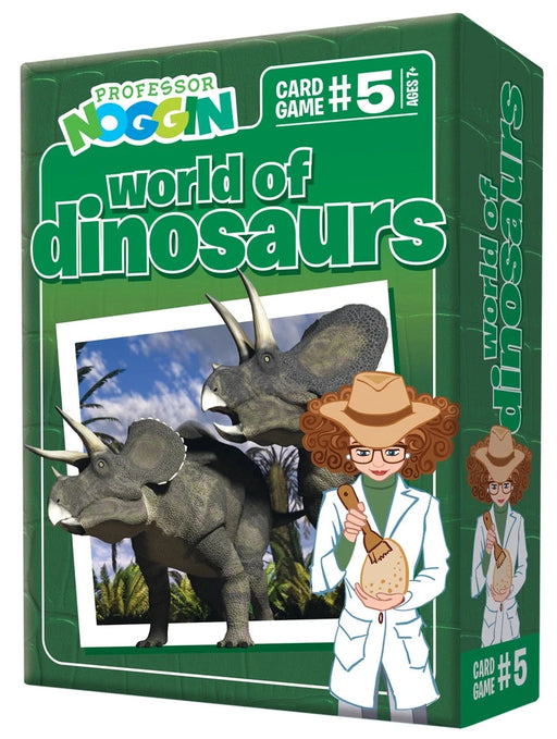 Card game box for 'World of Dinosaurs' featuring a dinosaur and a scientist illustration on a green background.