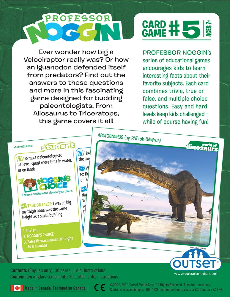 Educational card game for Professor Noggin World of Dinosaurs illustration of sample game card.